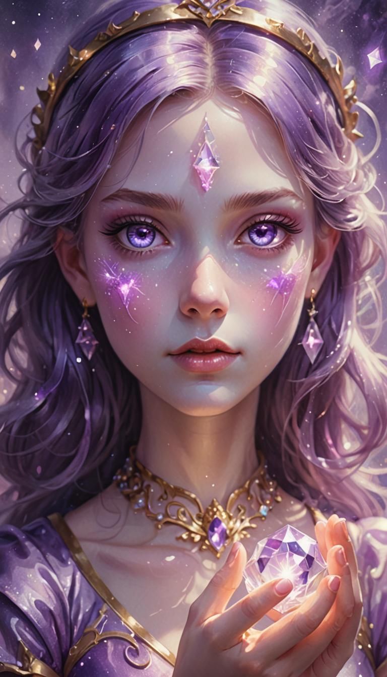 Whimsical Fantasy Scene with Magical Girl and Glowing Crysta...