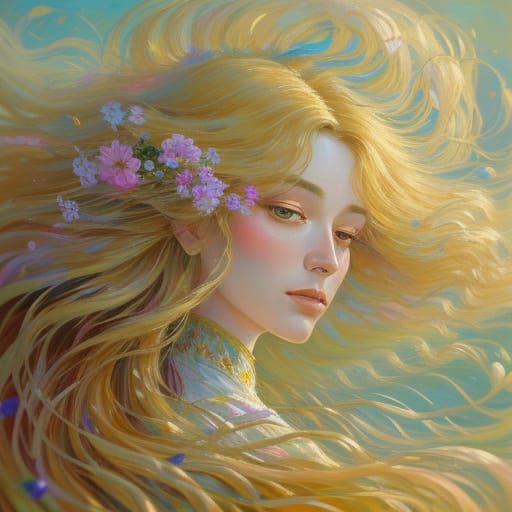 Impasto Oil Painting of Woman Merging with Flowers