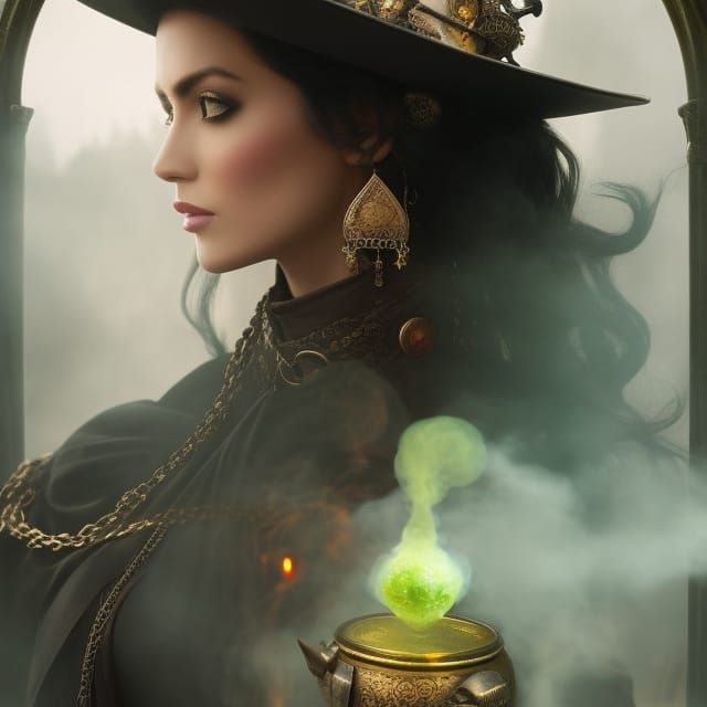 Steampunk Warlock with Bubbling Cauldron: Fantasy Art