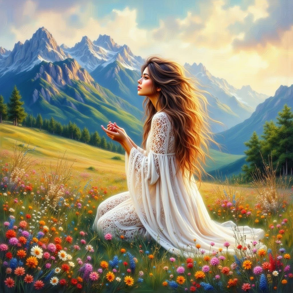 Serene Divine Encounter with Blooming Wildflowers and Majest...