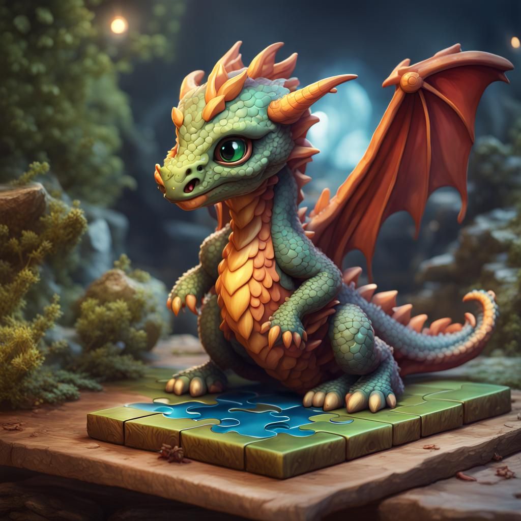 Adorable Baby Dragon Puzzle Design in Fantasy Art