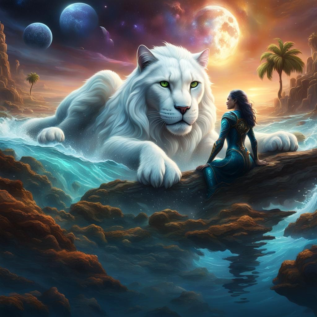 Galactic Lion Cat Woman Rising from the Sea