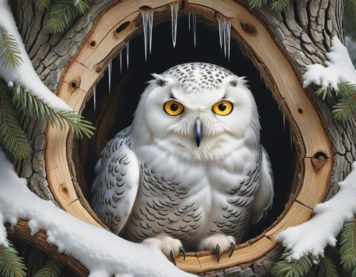 A snowy owl peering out from a hollow tree trunk