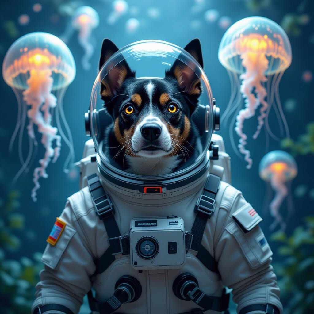 German Pinscher in Spacesuit Amidst Bioluminescent Jellyfish