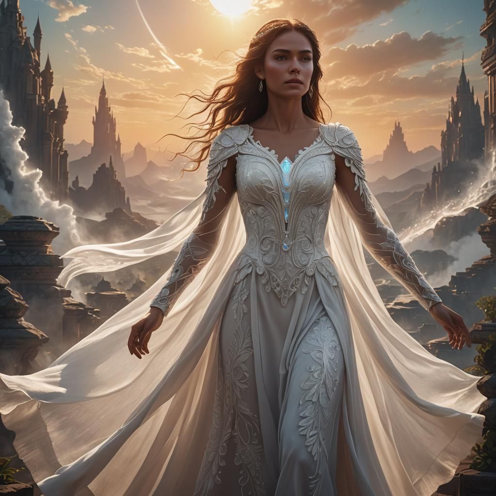 Sunrise Goddess in White Dress with Aura