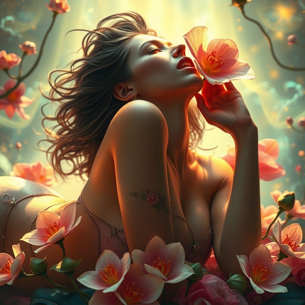 Woman in Flowers with Glowing Skin, Hyperrealistic Art