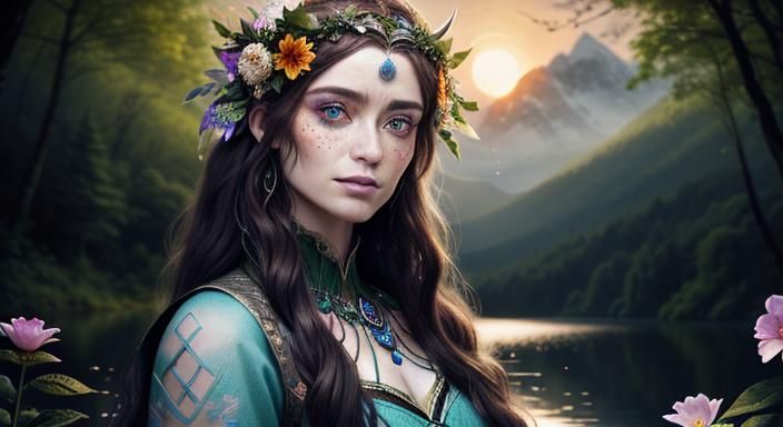 Mystical Norse Celtic Woman with Flowers and Butterflies