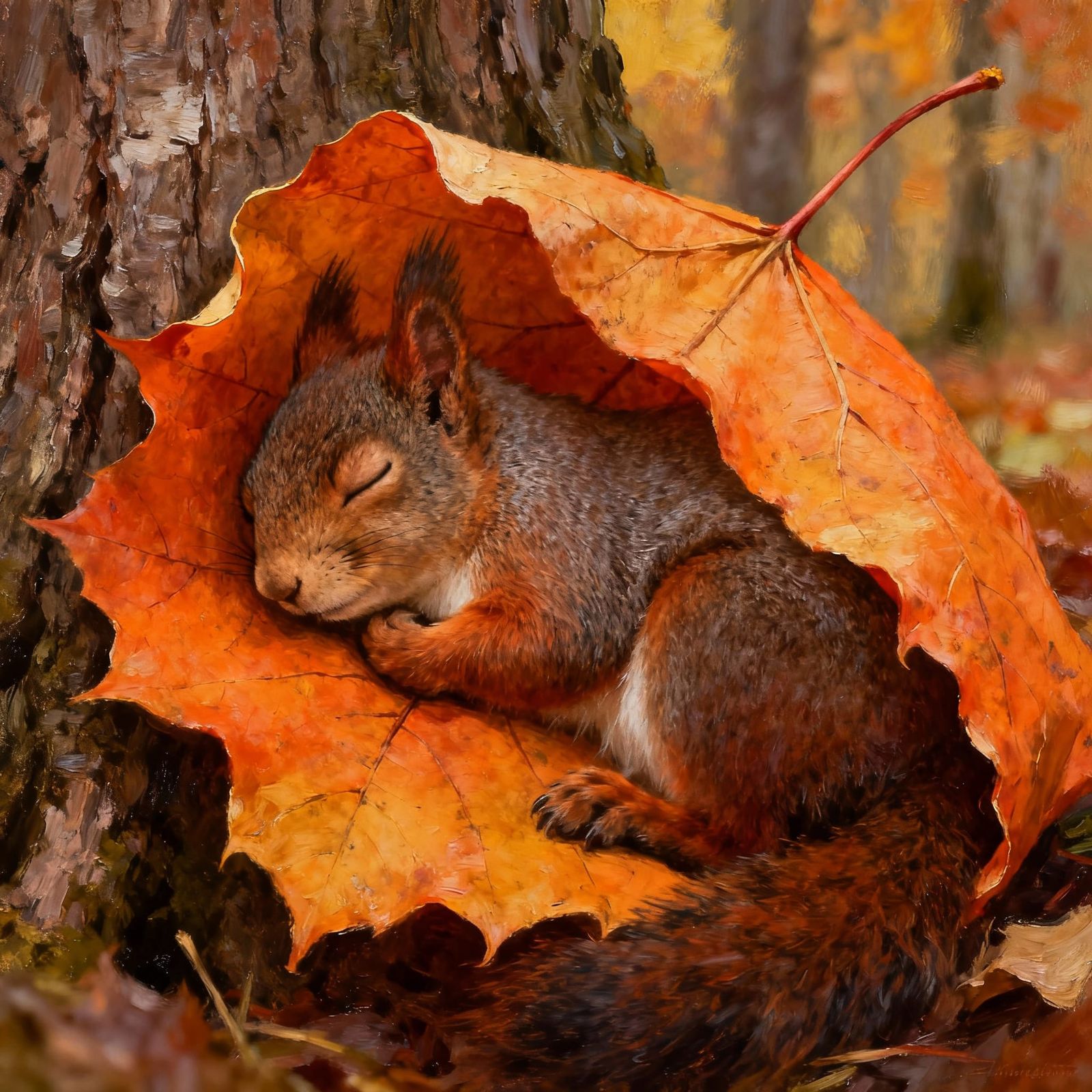 Squirrel Sleeps Under Orange Leaf Blanket in Autumn Forest