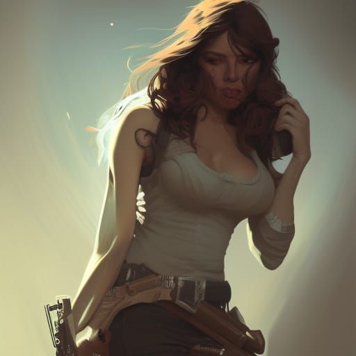 Imposing Woman Holding Guns in Detailed Portrait