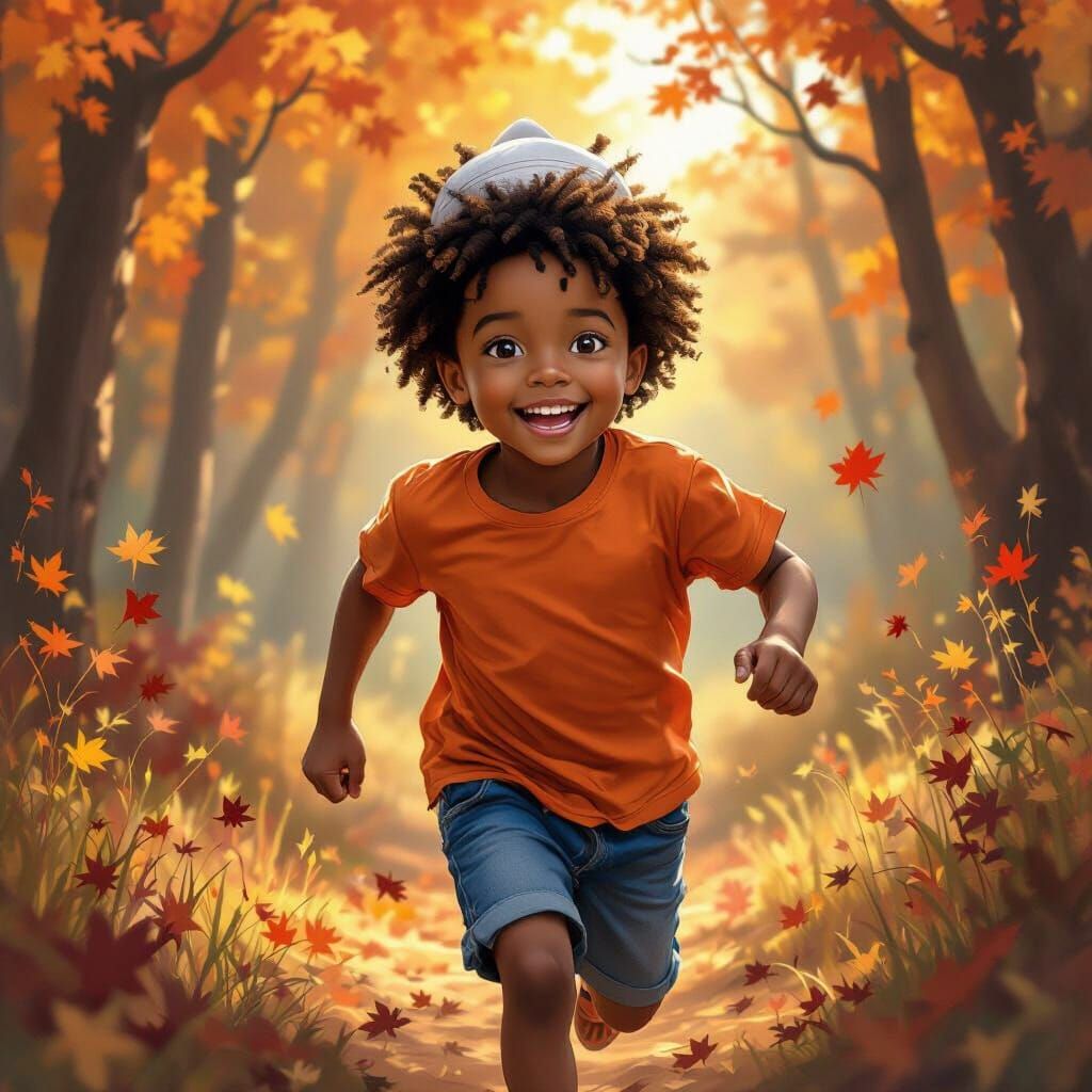 Joyful Boy Running in Autumn Forest: Hyperrealistic Style