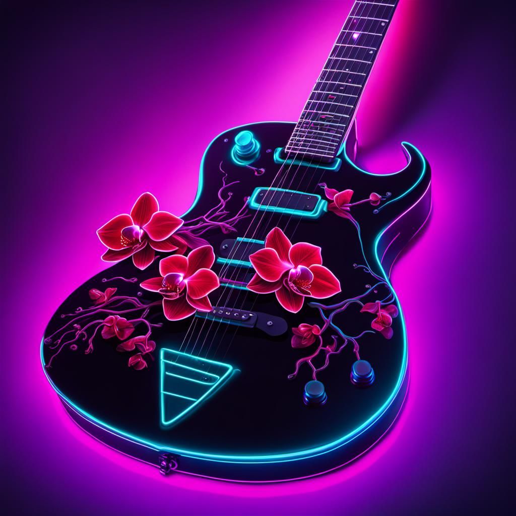 Bioluminescent Orchid Guitar in Synthwave Neon Style