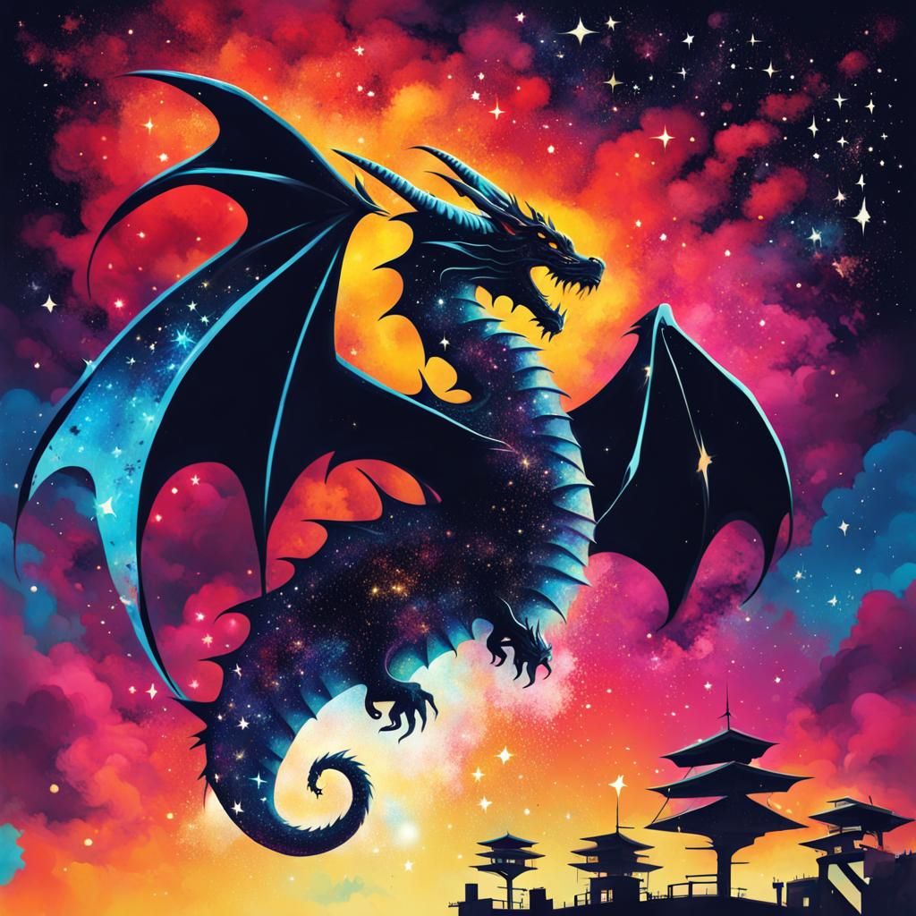 Star Dragon Silhouette in Graffiti Art Style