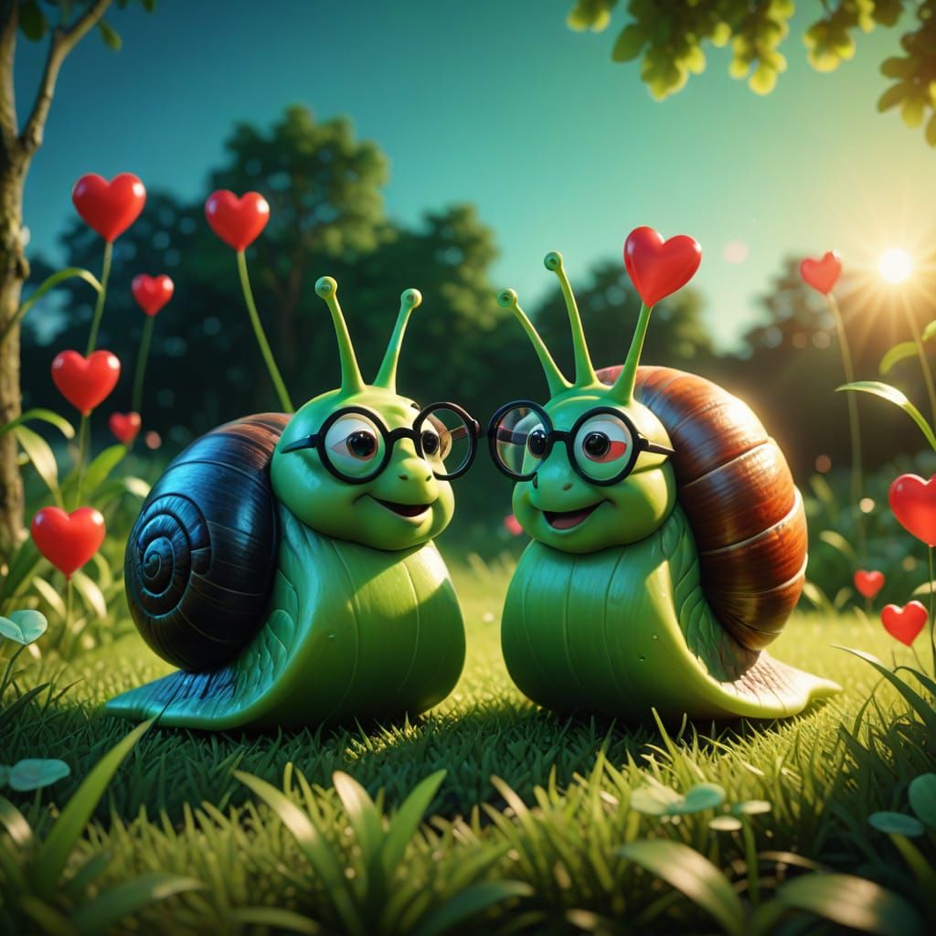 Dreamy Cartoon Snail Lovers in Enchanted Garden