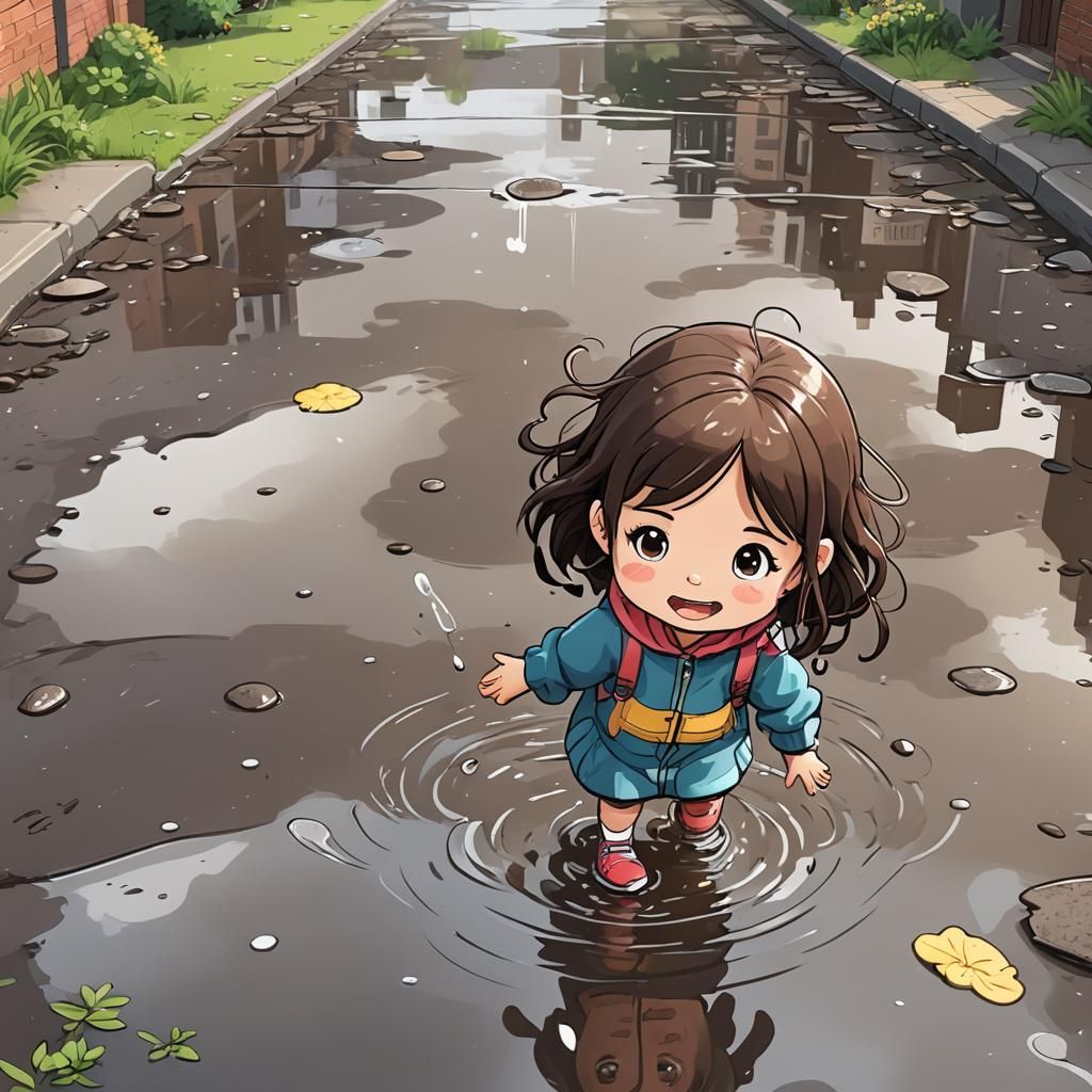 Cartoon Girl Playing in a Puddle