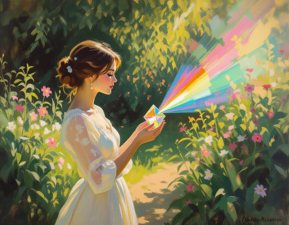 Woman in Garden with Prism Refracting Light