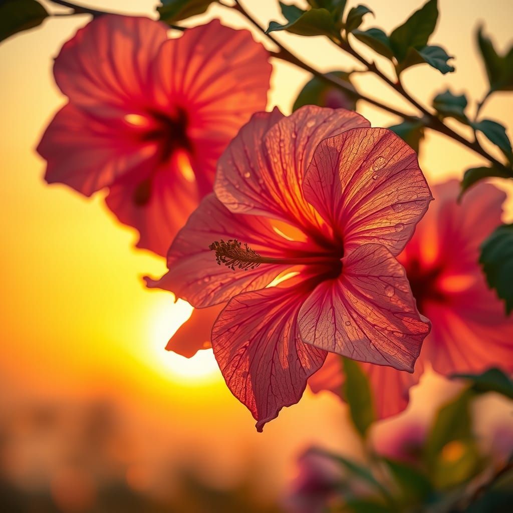 Watercolor Hibiscus Flowers in Golden Light