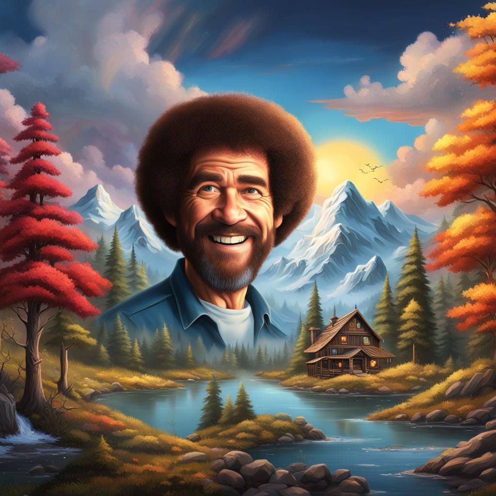 Bob Ross, Smiling, Creates Beautiful Painting