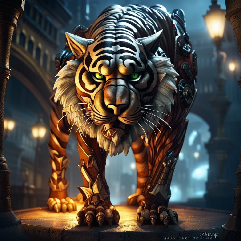 Mechanized Saber-Tooth Tiger in Gaslamp Fantasy Style