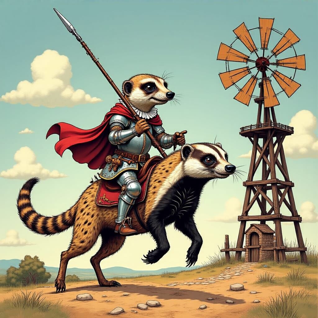Meerkat Knight's Whimsical Charge in Cartoon Style