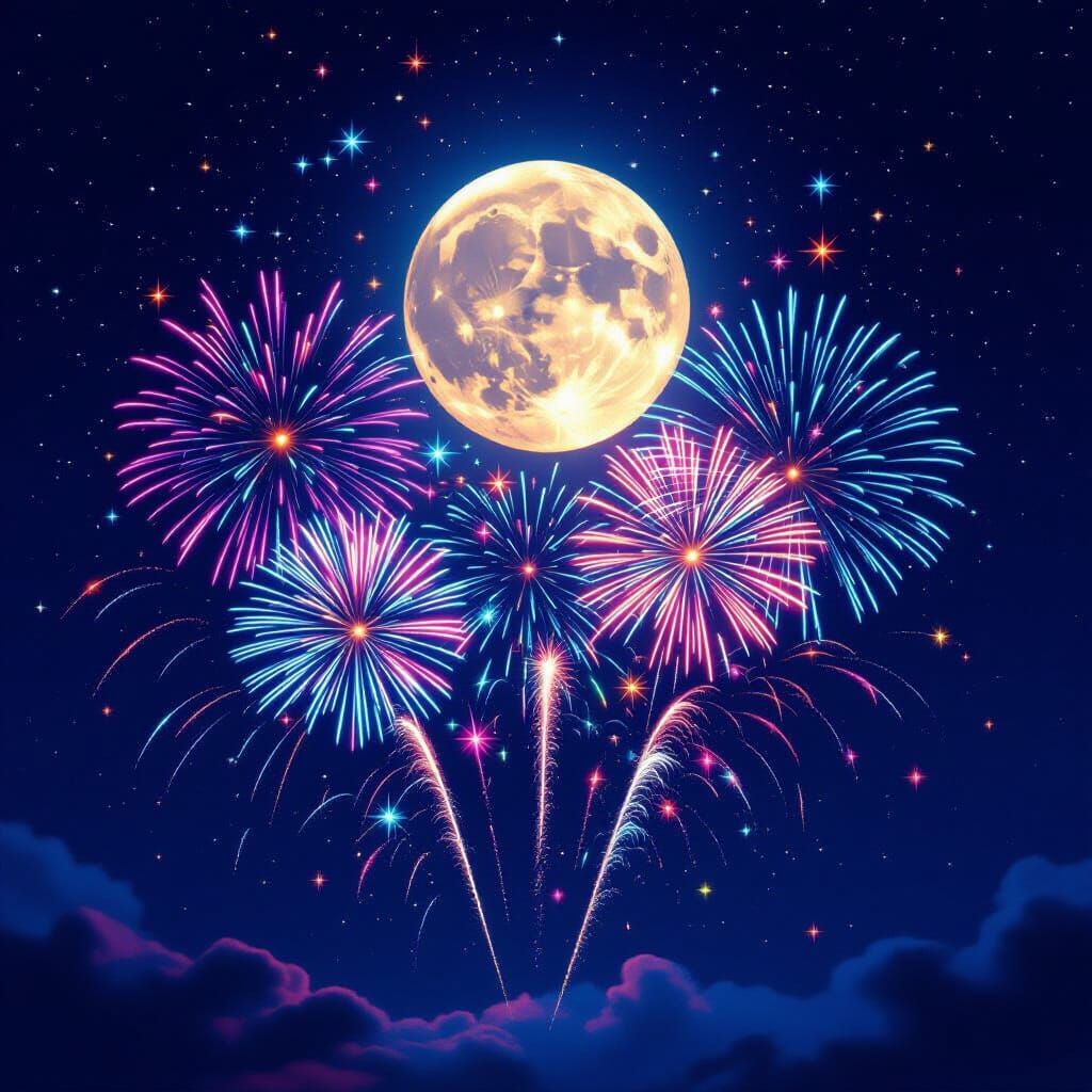 Rainbow Fireworks Explode Behind Full Moon in Digital Matte ...