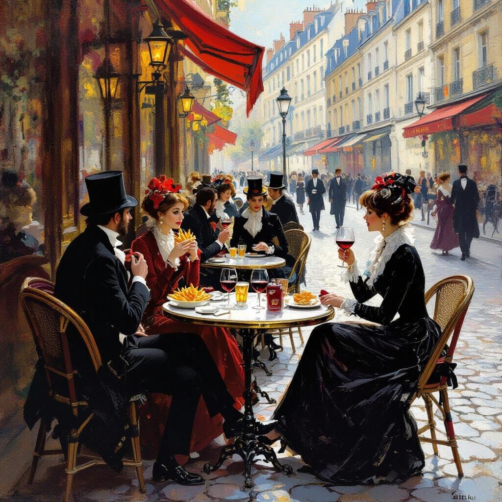 Parisian Cafe Scene in Impressionist-Baroque Style