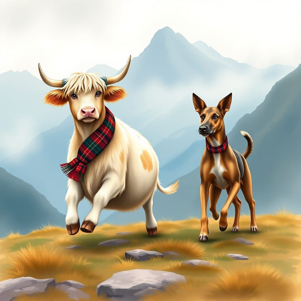 Synchronised Dance of Highland Cow and Deerhound on Isle of...