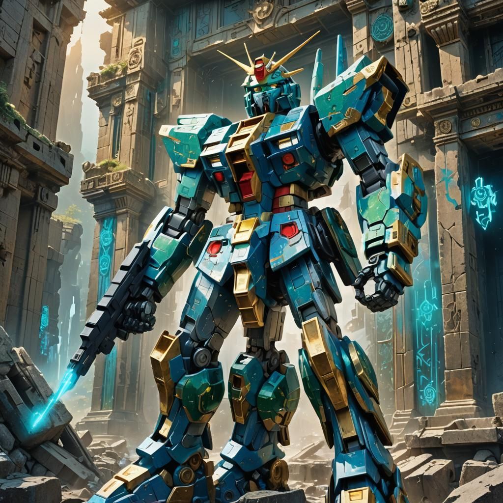 Gundam R-X7-82 Amidst Ancient Ruins: Digital Art