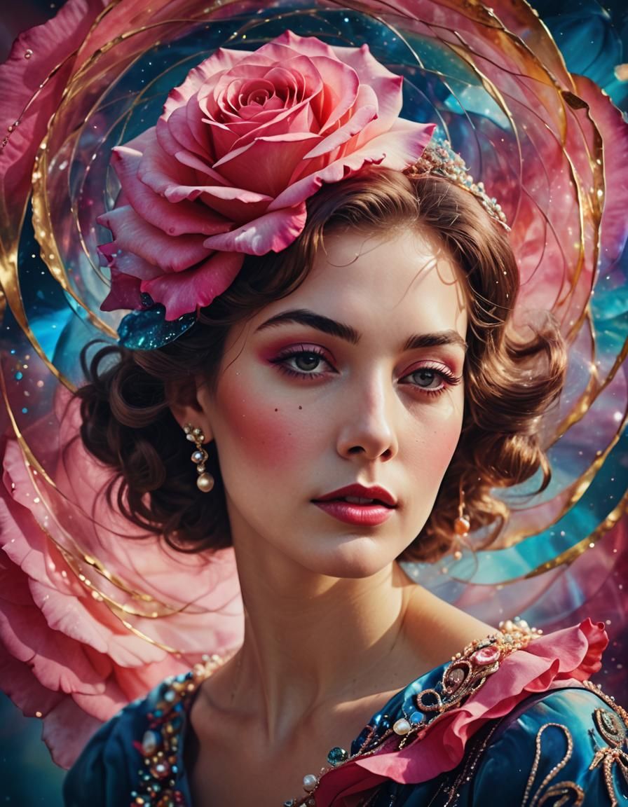 Dreamlike Portrait of Woman with Rose in Art Nouveau Style