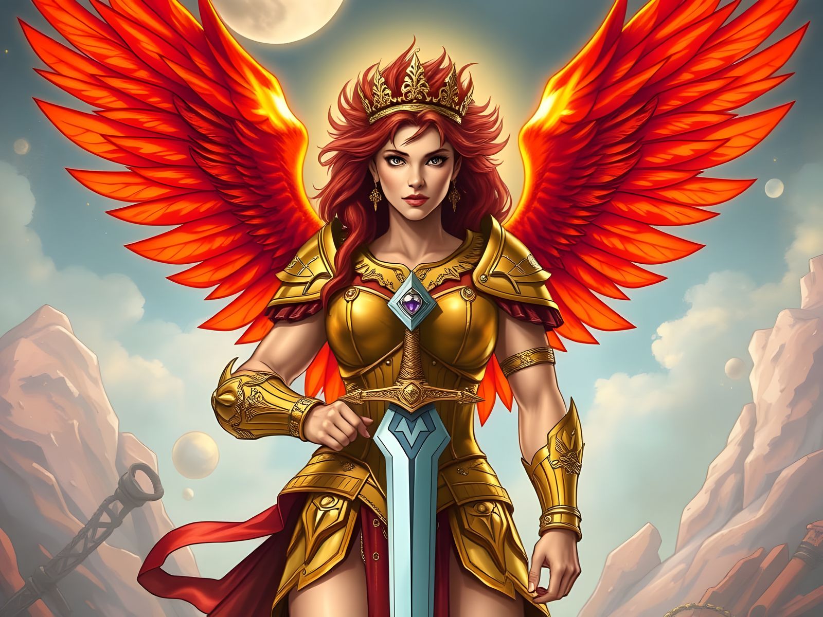 Golden Angelic Warrior with Crimson Wings and Sword