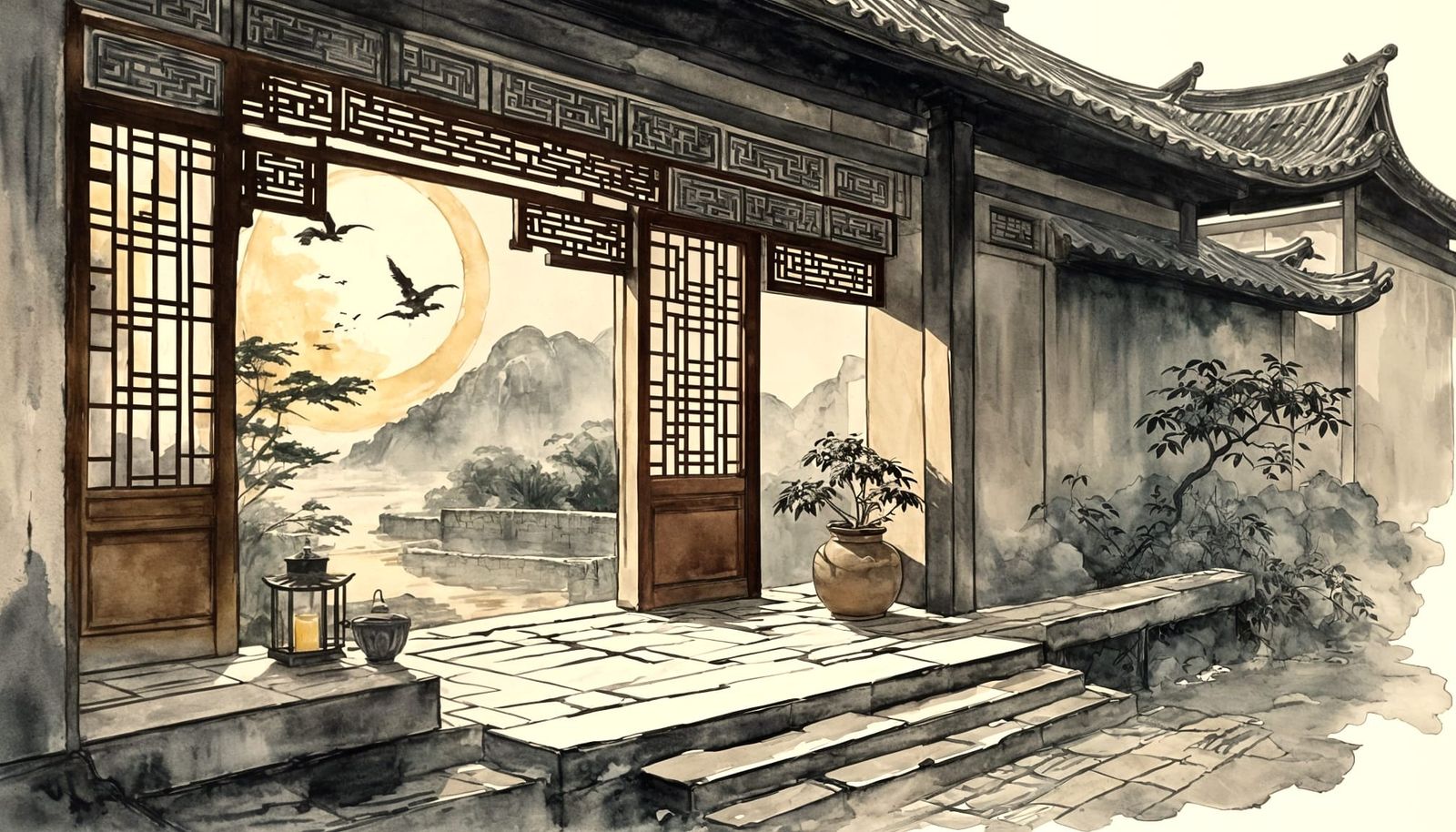 Sumi-e Dawn Courtyard Painting
