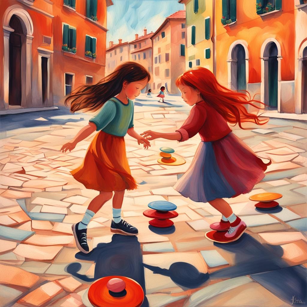 Whimsical Girls Playing in Italian Square Illustration