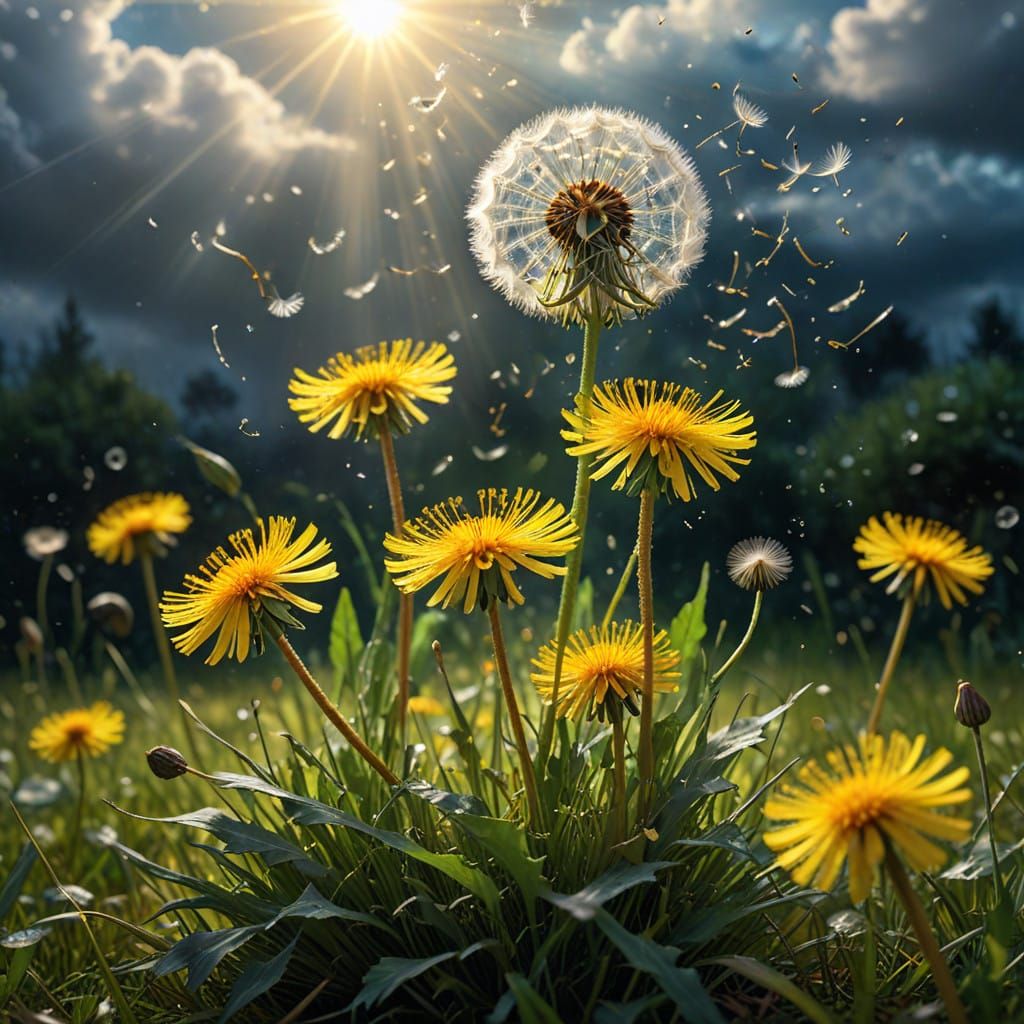 Ethereal Fairies Soar on Dandelion Seeds in a Radiant Sunny ...