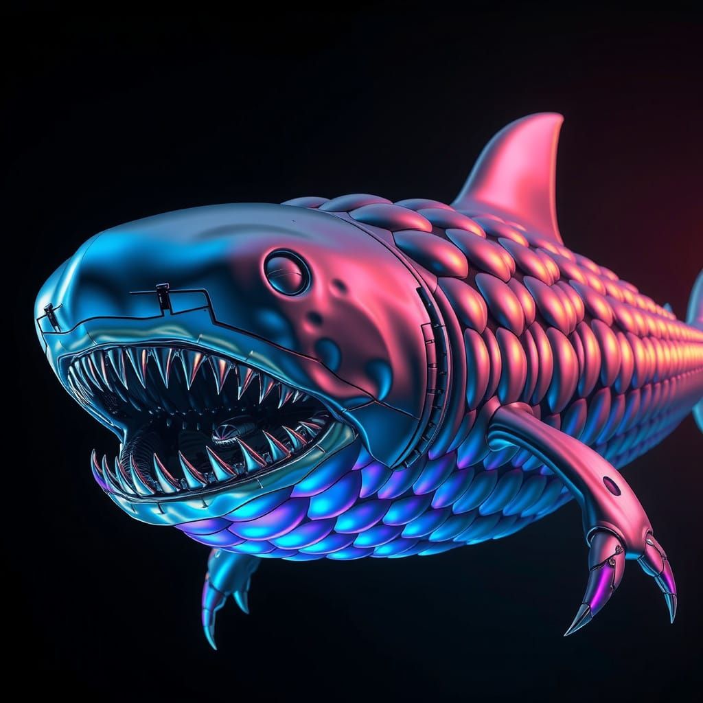 Cyberpunk Alien Shark-Creature in Neon Armor