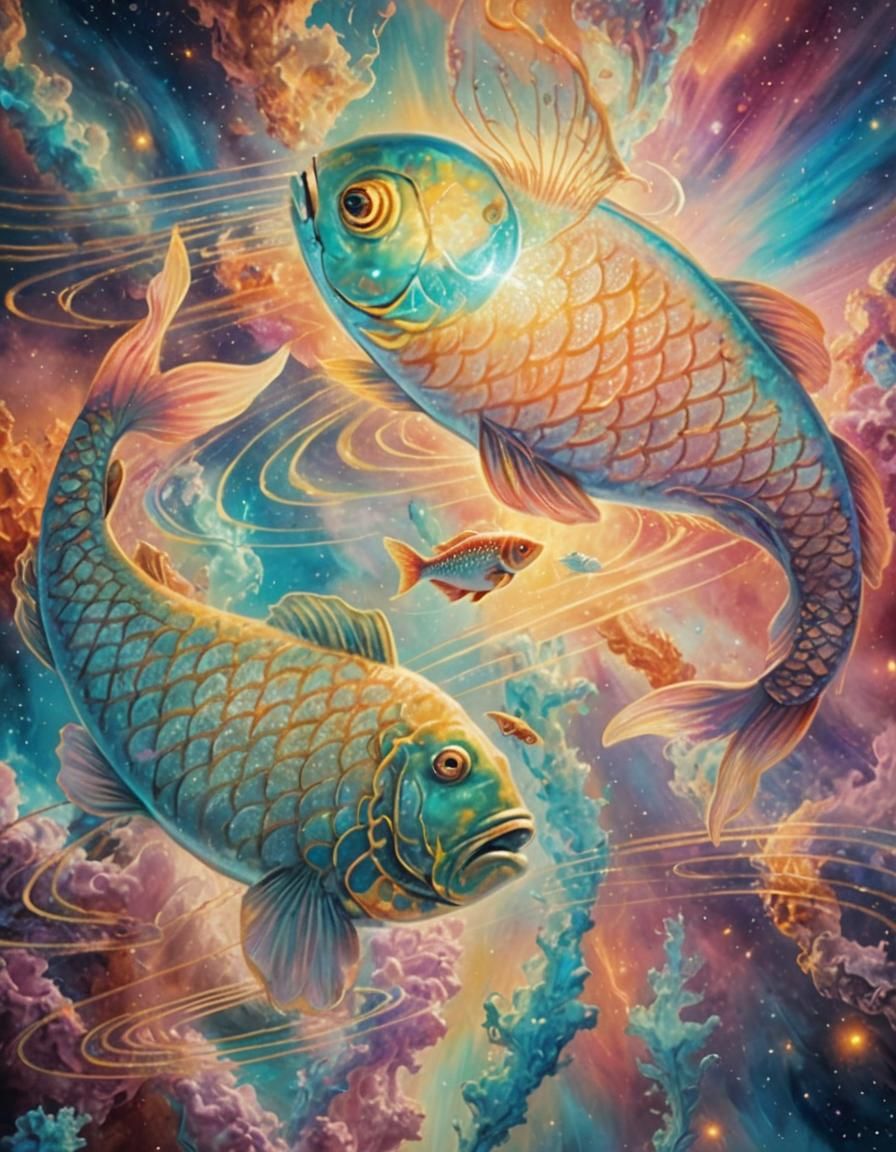 Fishes Swim Through Galaxy in Surrealist Style