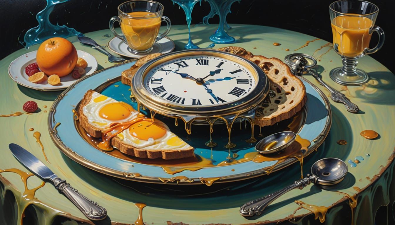 Surrealist Oil Painting of Melting Clock Over Breakfast