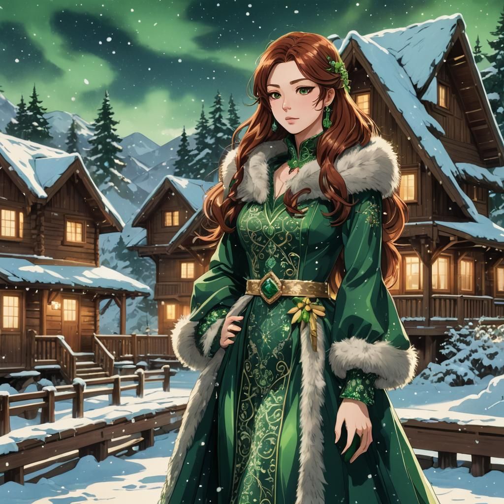 Anime Woman in Green Gown Before Winter Cabin
