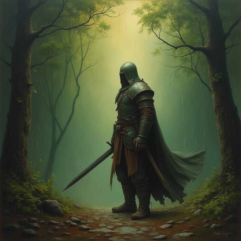 Brave Warrior in Emerald Forest, Oil Painting Style