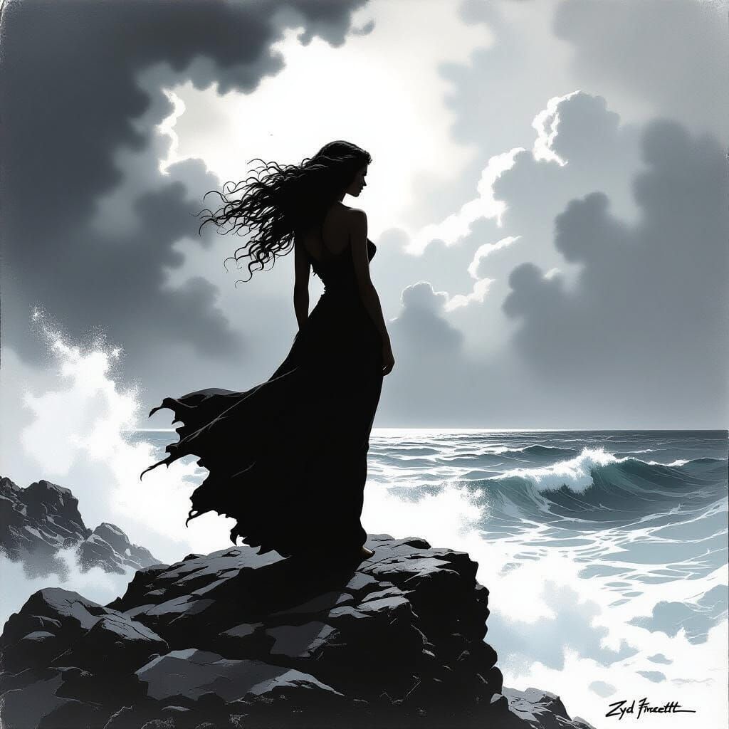 Woman in Stormy Sea, Charcoal Art Style
