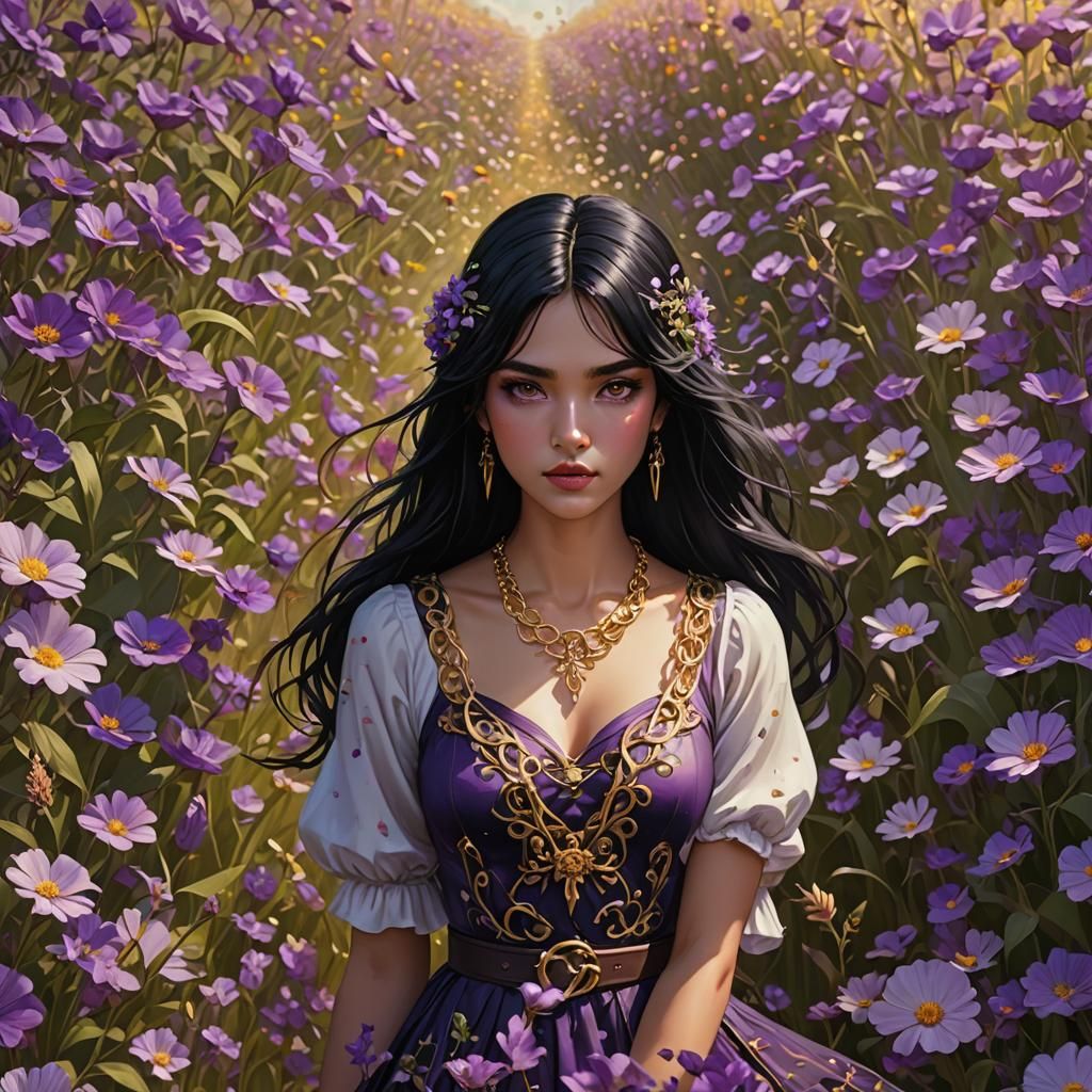 A girl with black hair and purple eyes she has a flowing dress that has a golden chain link belt and a small necklace. i...