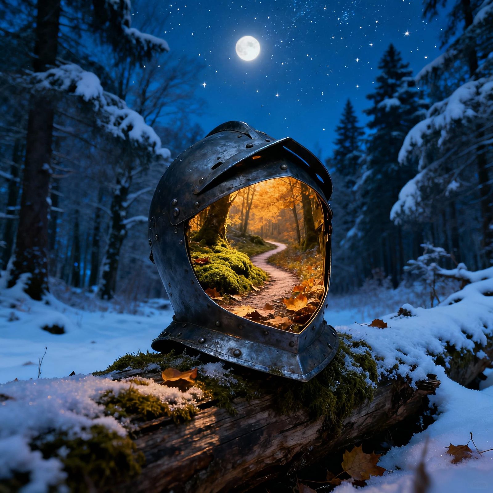 Abandoned Knight's Helmet in Winter Forest with Autumn Inter...