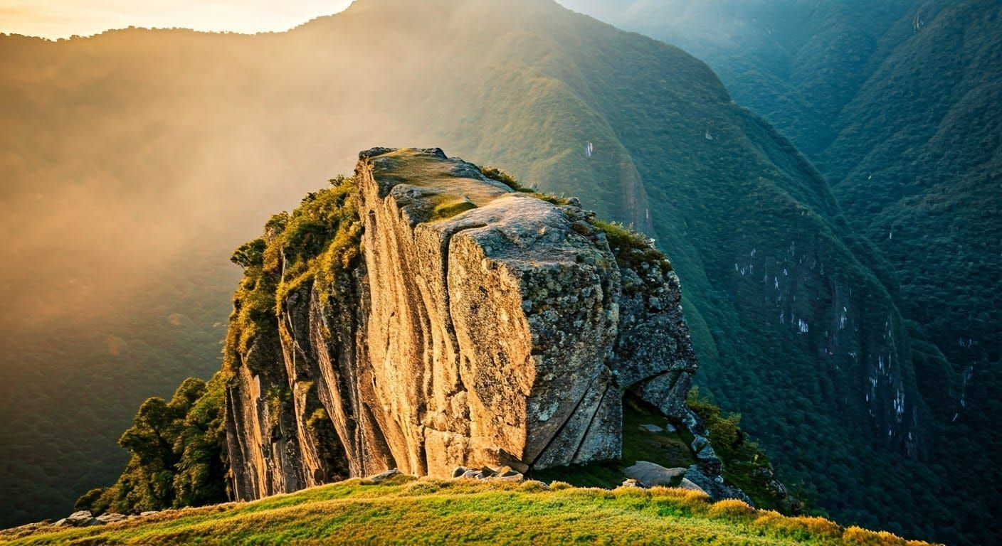 Machu Picchu's Sacred Rock in Misty Dawn Light