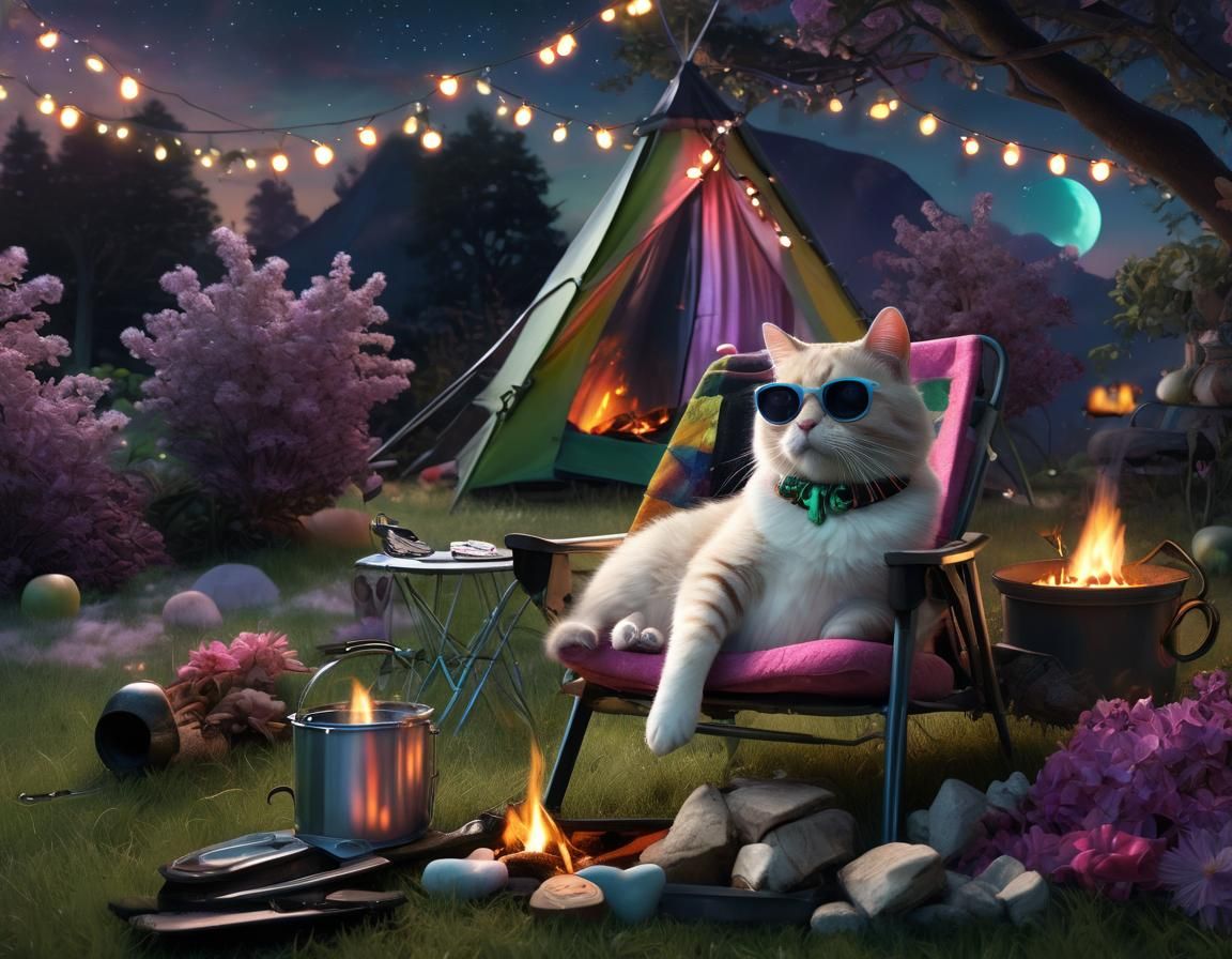 Cat Roasting Marshmallow in Neon Fantasy Watercolor