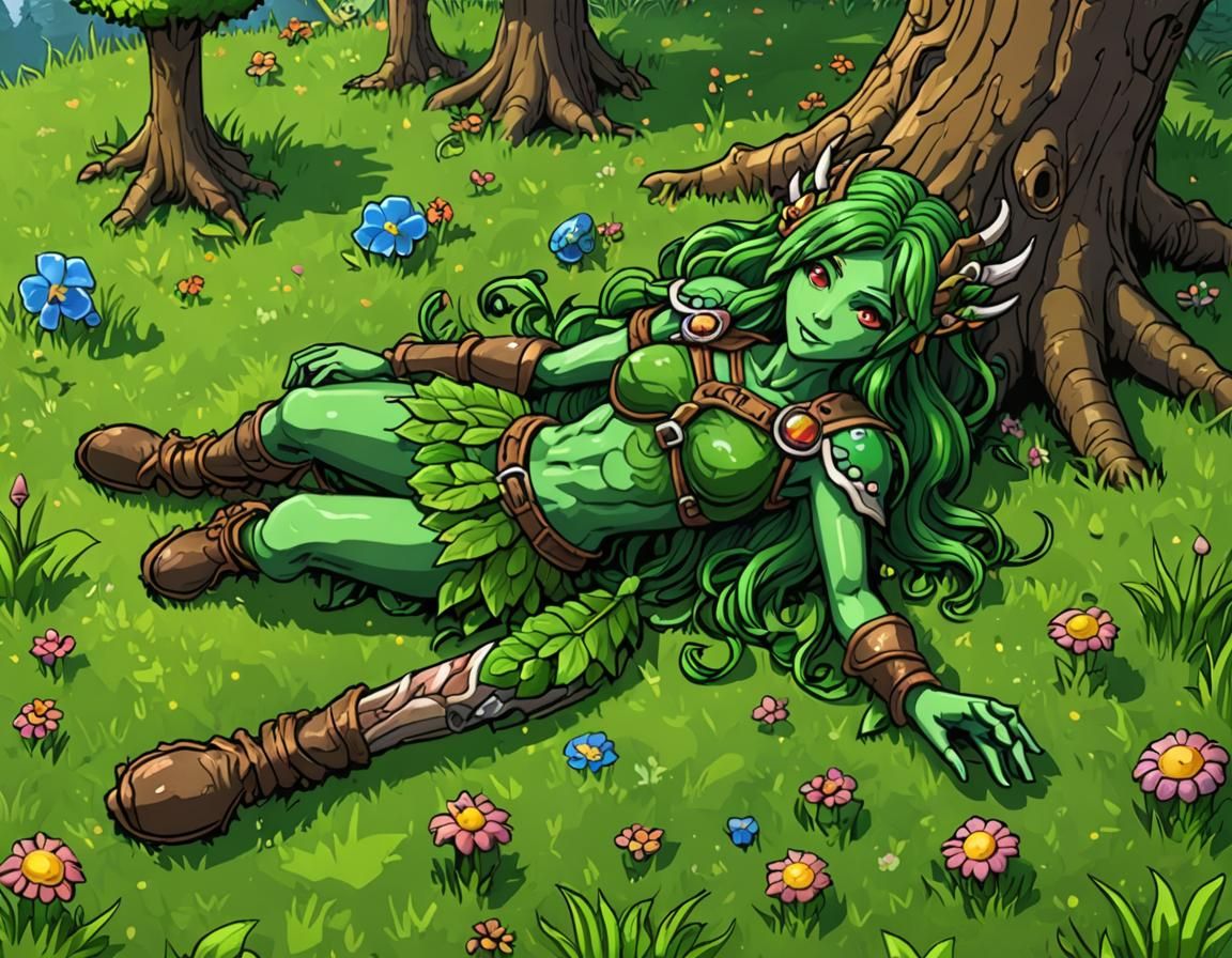 Terraria Dryad Resting on Grass
