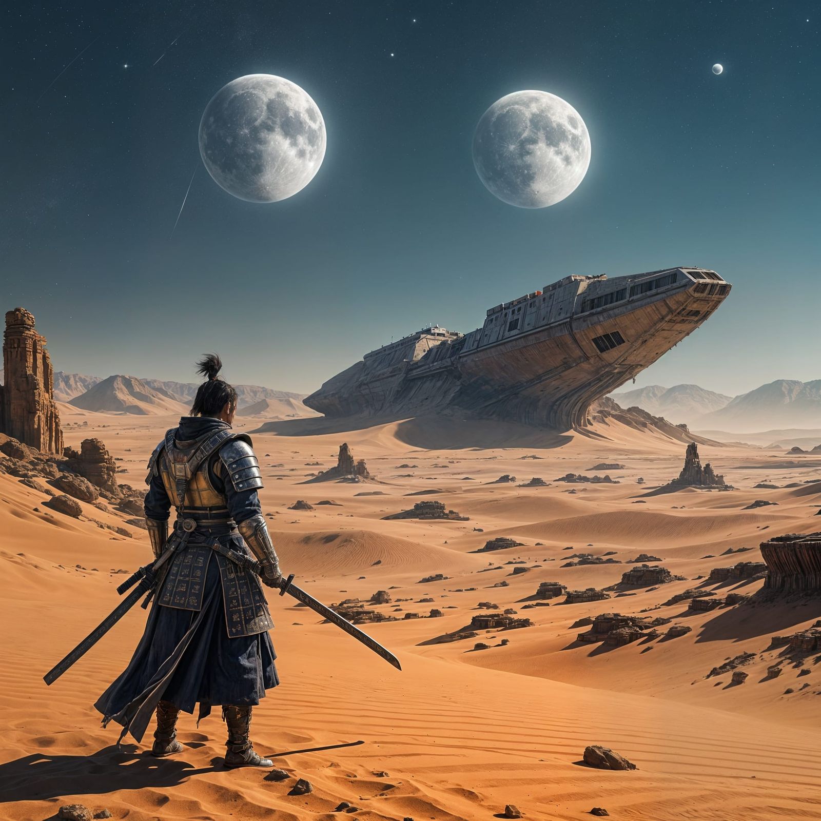 Samurai on Alien Desert Planet Under Twin Moons