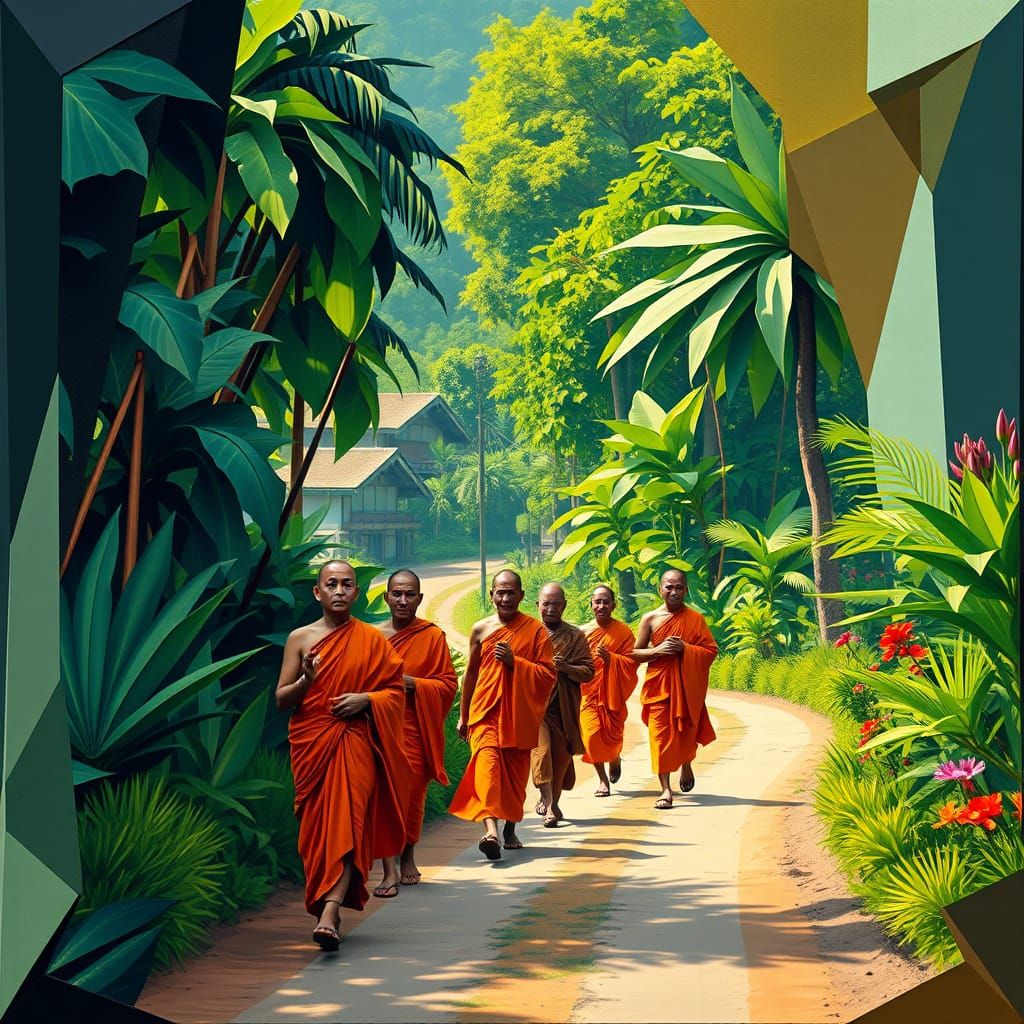 Traditional Thai Monks in Vibrant Tropical Landscapes