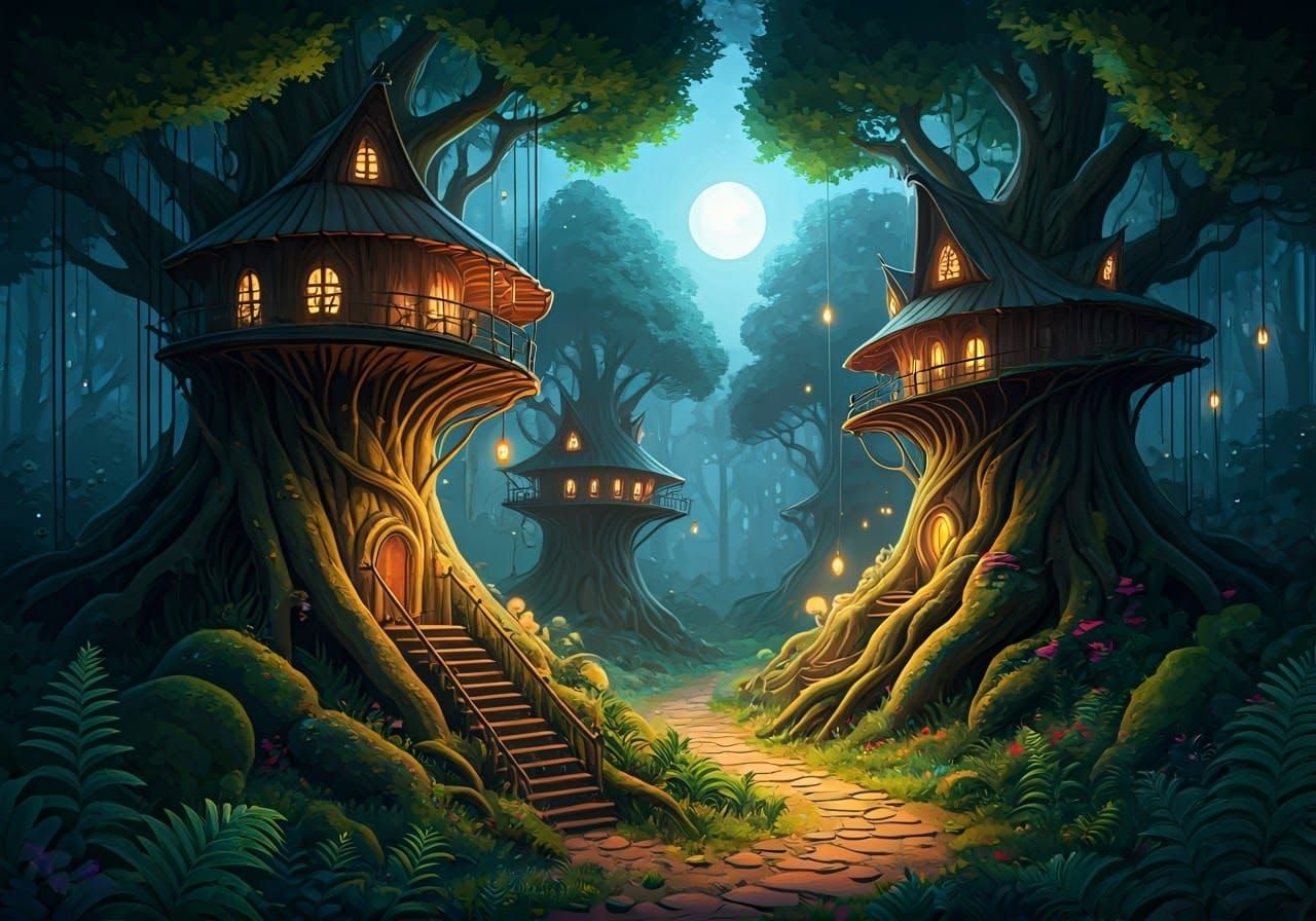 Whimsical Moonlit Treehouse Village in a Vibrant Forest
