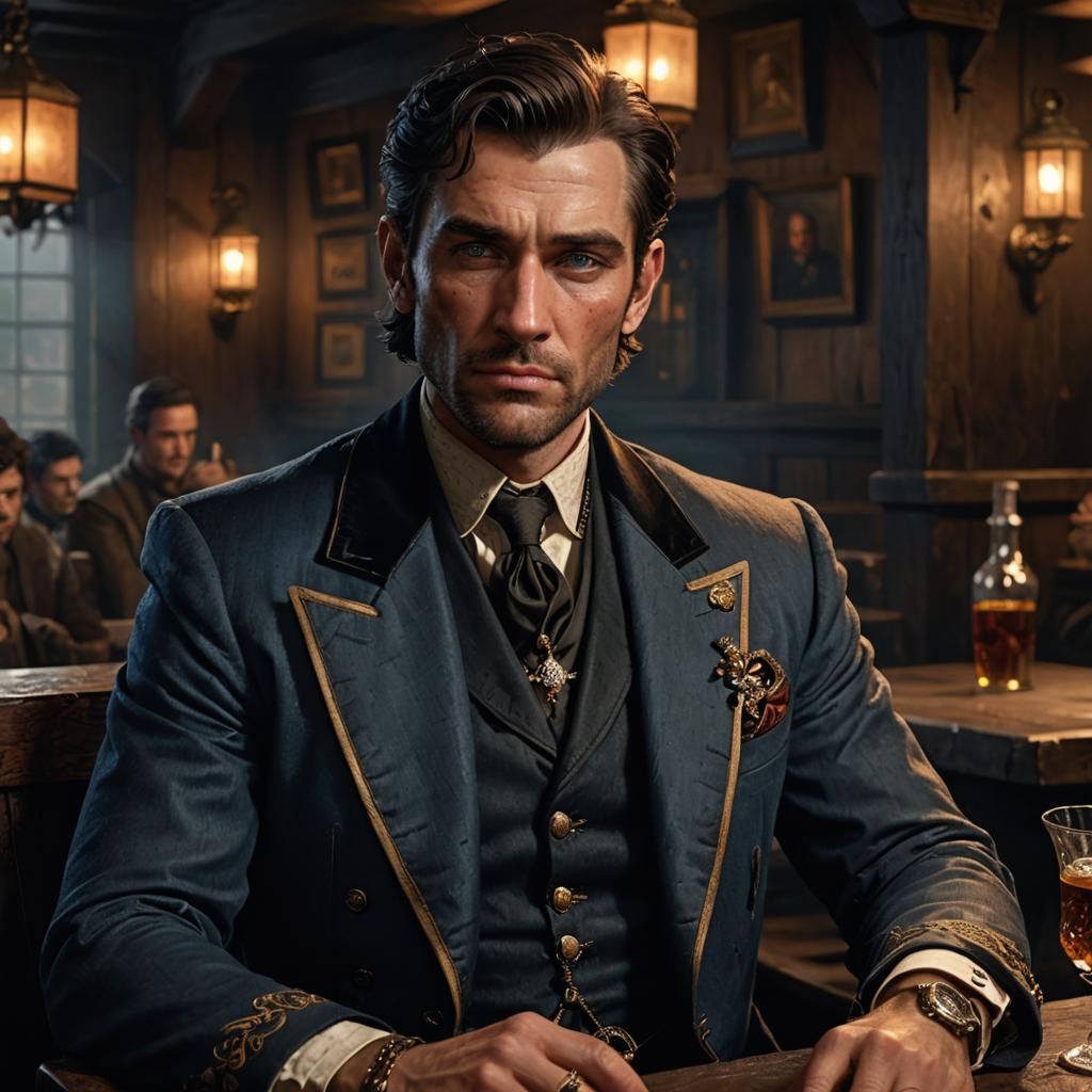 Human Noble in Dim Tavern, Detailed Matte Painting