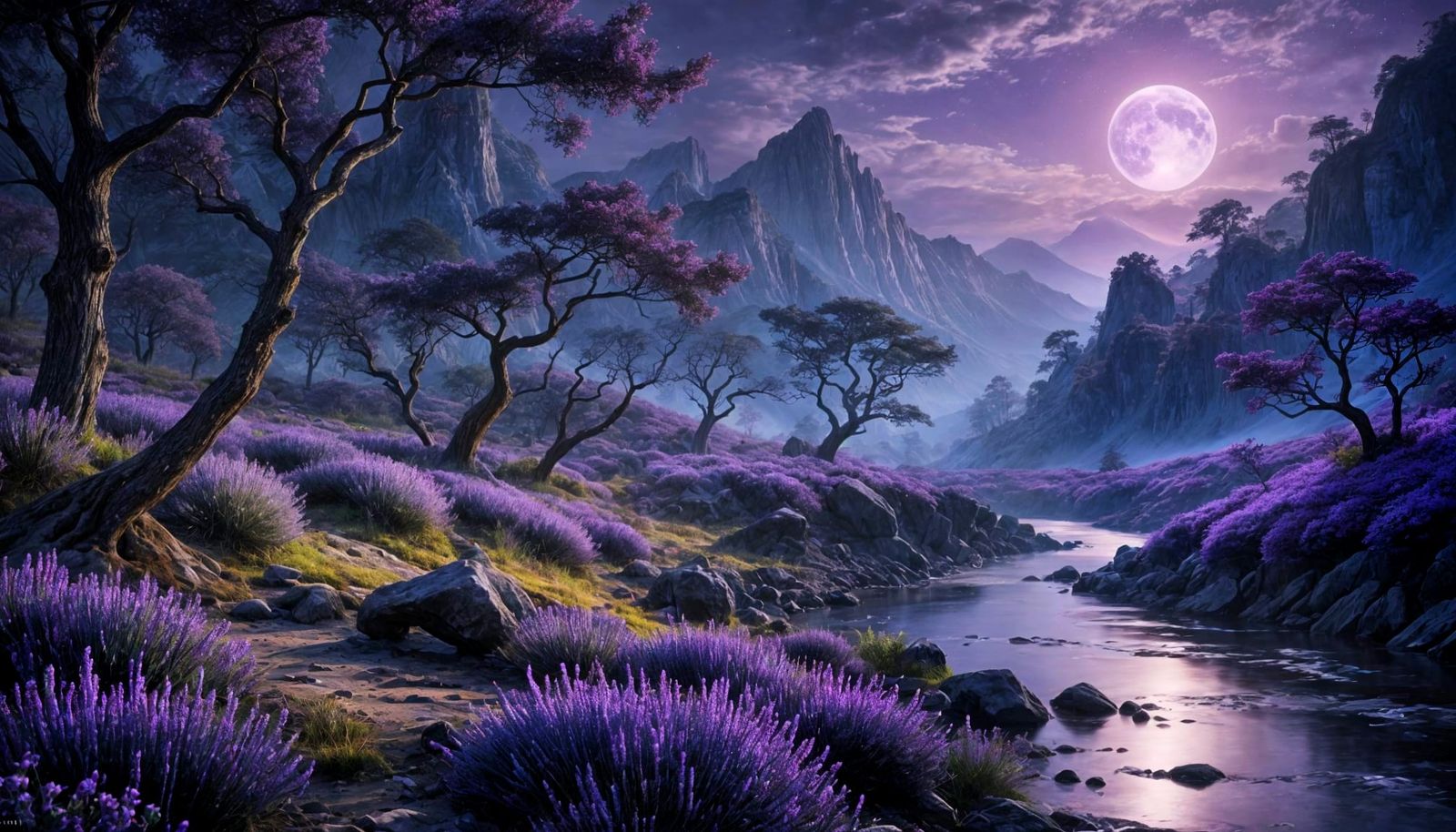 Ethereal Lavender Landscape with Nebula and Violet Moon