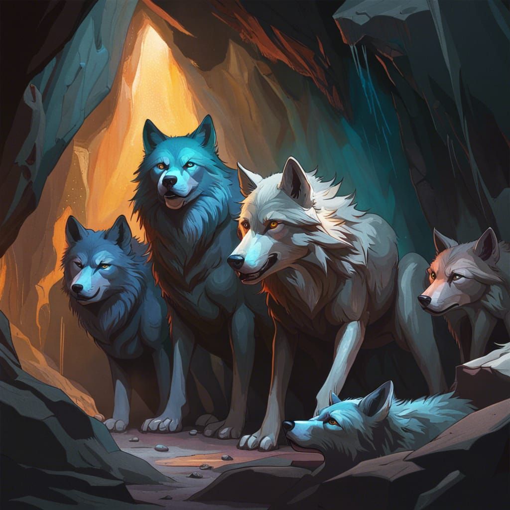 Hyperrealistic Wolves in Cave Action Painting