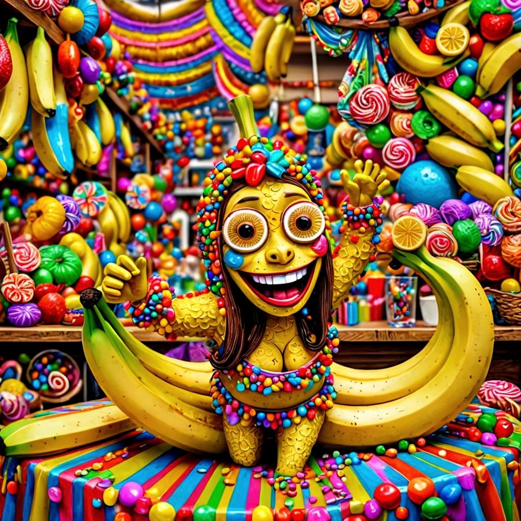 Hyperrealistic Banana in Bikini Dancing, Candy Art